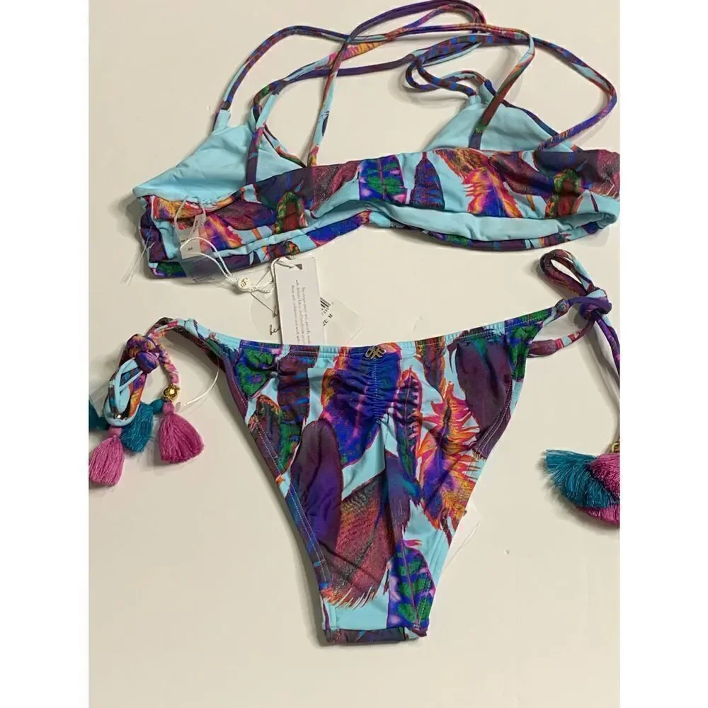New. Pilyq feather teeny halter bikini.